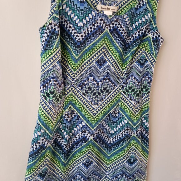 Laundry by Design Geometric Print Mini Dress Size 6 Blue Green Sleeveless Shift - Picture 3 of 5